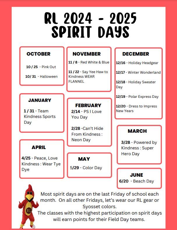  Calendar of this year's spirit days